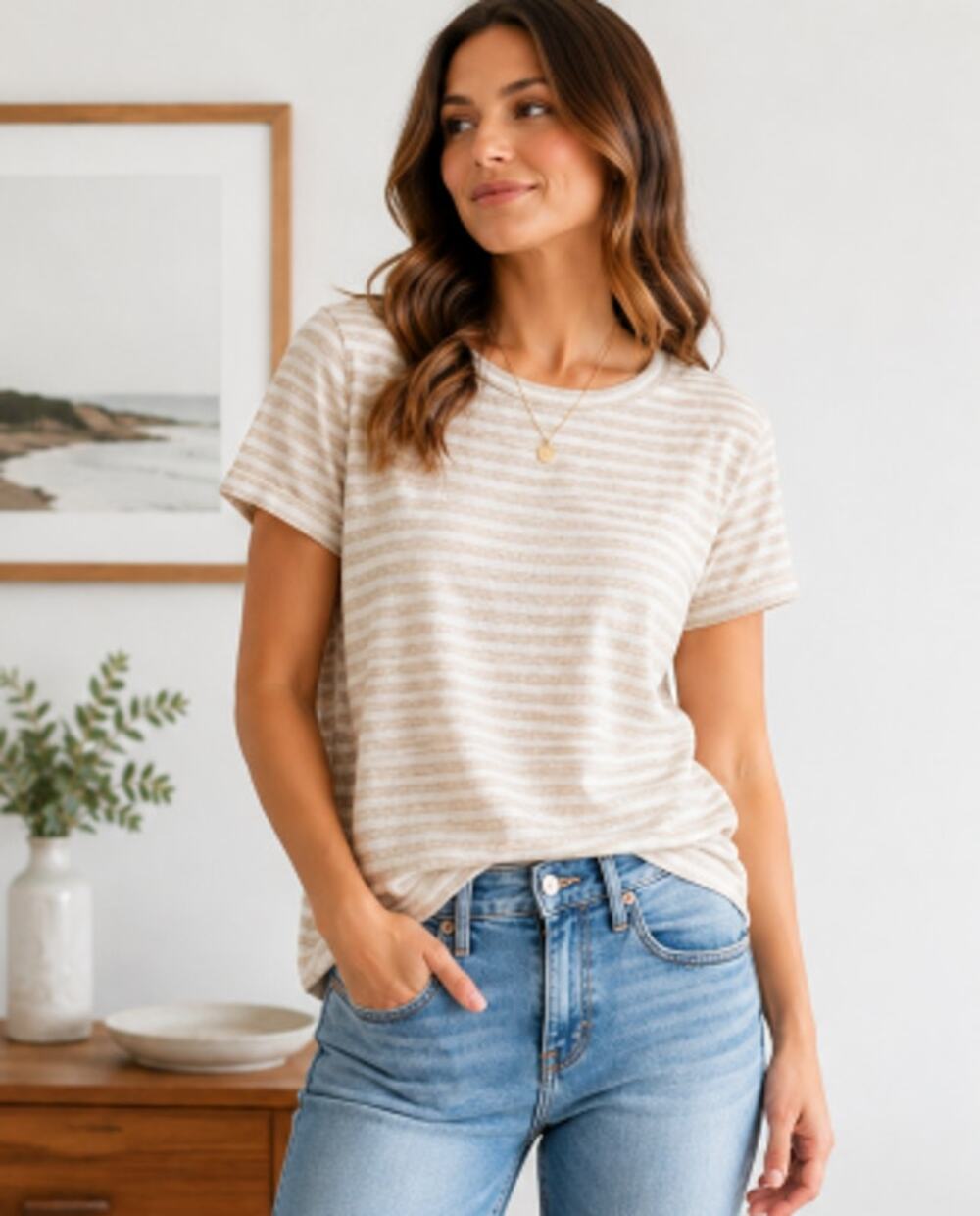 J Crew 100 Linen Shirt Womens Large Beige Stripe Short Sleeve Summer Top